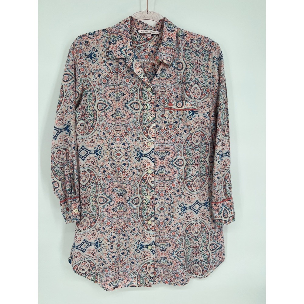Victoria's Secret XS Pajama Top Shirt Dress Pink Blue Paisley Print Sleepwear‎